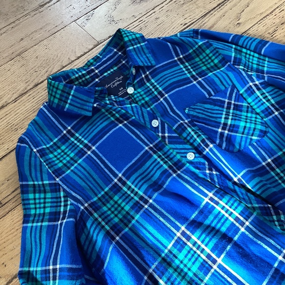 American Eagle lightweight green/blue plaid button down, S - Picture 1 of 6